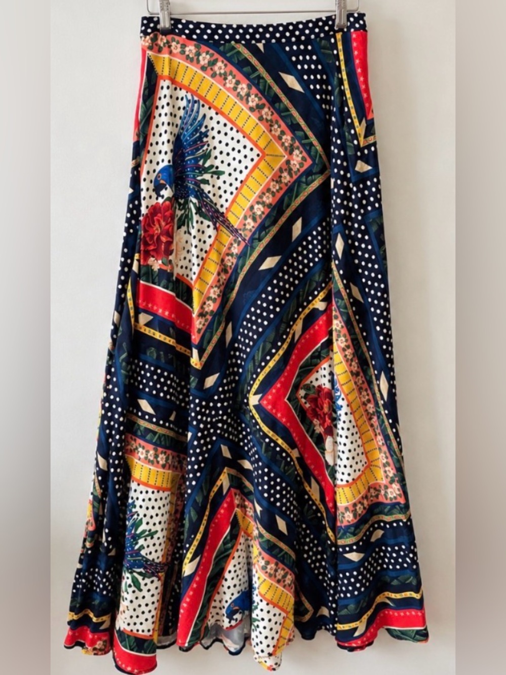 Bohemian Floral & Bird Print Maxi Skirt - Navy Multi